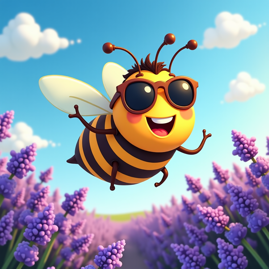 An enthusiastic cartoon bee, wearing sunglasses, cruising over a sun-drenched field of lavender, radiating charm.