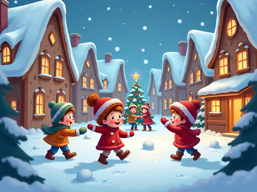 A serene cartoon village covered in a blanket of snow, with charming gingerbread-style houses lit up by glowing windows. Cartoon children are having a snowball fight, laughing and chasing each other with snowy mittens, while adults set up a decorated Christmas tree in the town square.