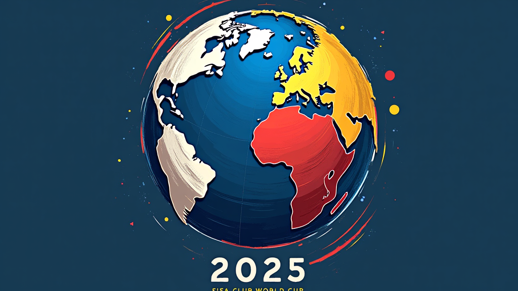 Simple Logo Idea for T-shirt: A stylized football forming a globe, with abstract panels representing continents or regions. Each panel subtly incorporates a fusion of key club colors (e.g., a panel blending blue and red, another yellow and white). The year '2025' and 'FIFA Club World Cup' are integrated below or around the globe in a clean, modern font.