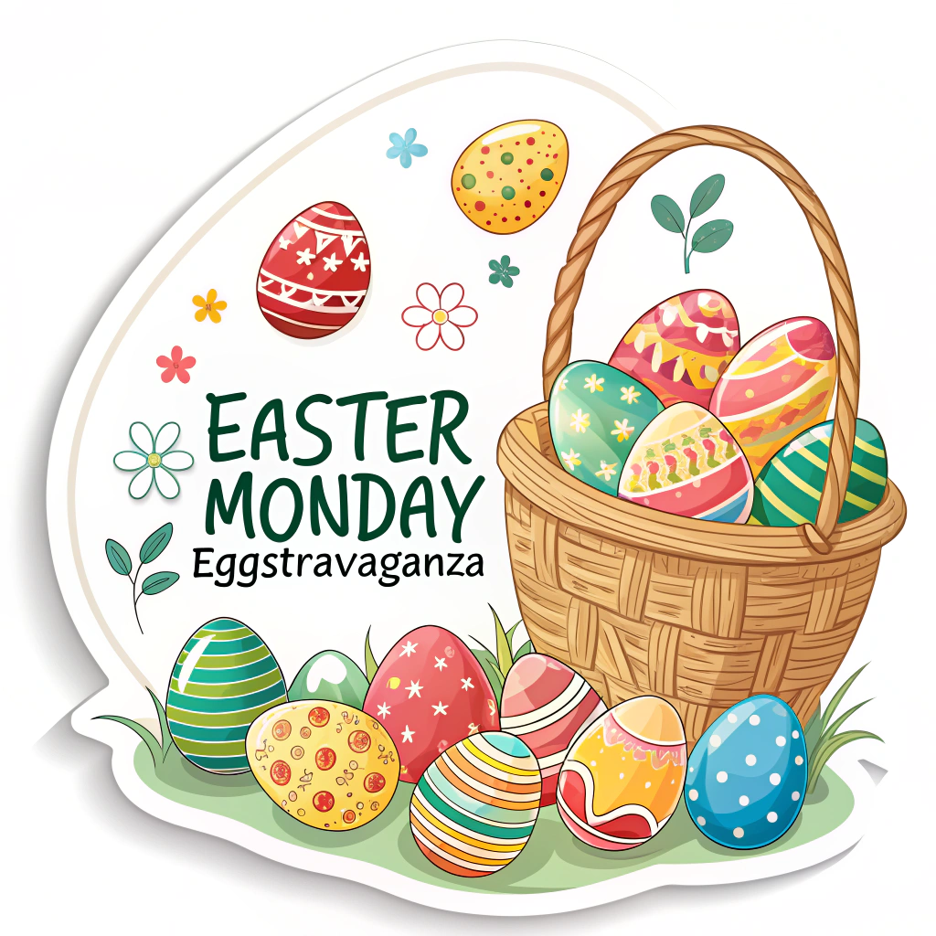 Craft a sticker showcasing a basket overflowing with colorful Easter eggs, accompanied by text that says 'Easter Monday Eggstravaganza'.