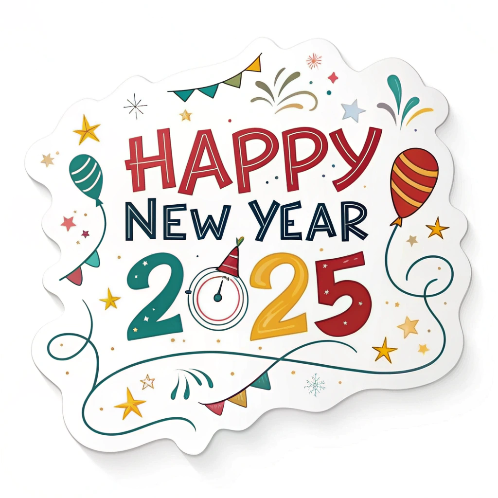 The image shows a white background with a sticker that reads Happy New Year 2025 surrounded by colorful balloons, stars, and other festive decorations, creating a cheerful atmosphere to celebrate the start of a new year.