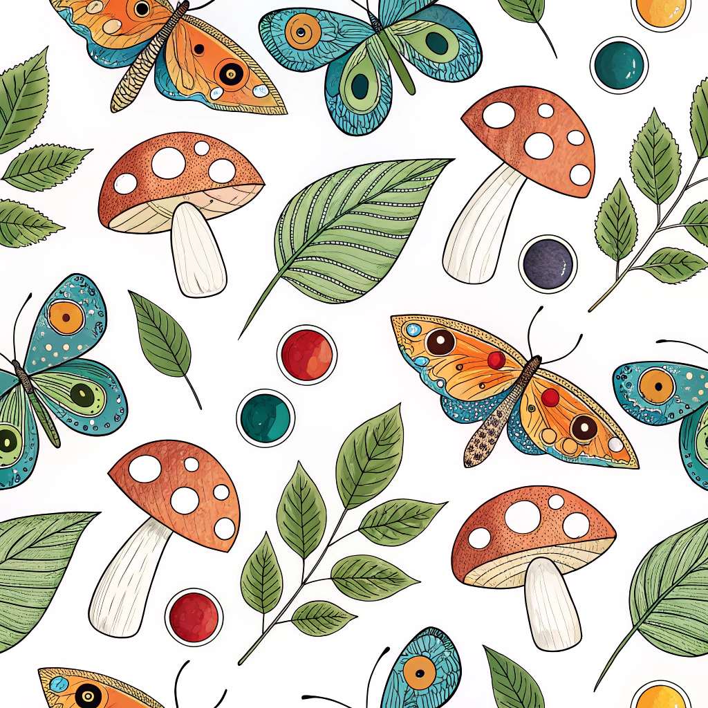 An imaginative design combining butterfly-shaped leaves with mushroom tops styled as artist palettes.