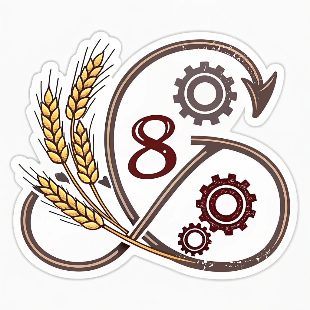 Simple icon/logo concept: A stylized number '8' (for the 8-hour day, a key Haymarket demand) formed by an infinity loop intertwined with a single wheat stalk or a gear, symbolizing the enduring nature of the labor struggle and its fruits/mechanisms.