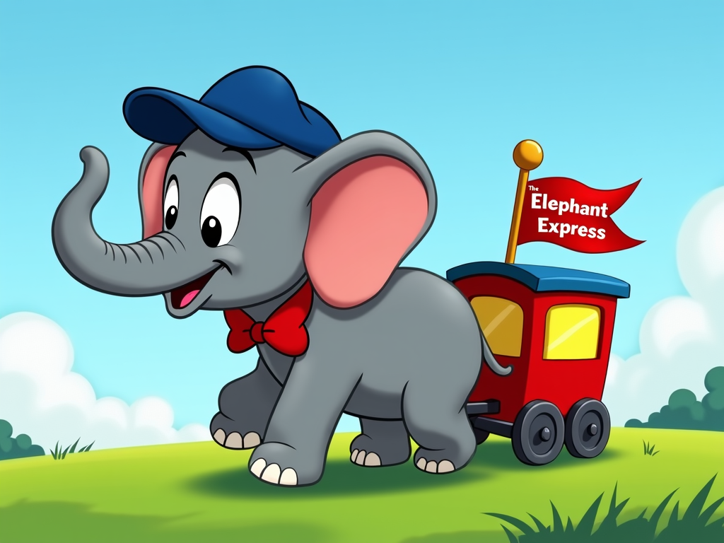 A simple, side view of a single elephant pulling a single train car, with a small flag on the train that says 'The Elephant Express'.