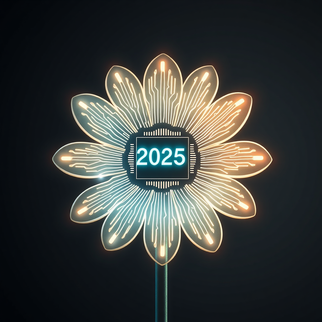 Sub-Design Idea 1: 'Circuit Bloom Daisy' - A daisy where each petal is a distinct circuit board segment, with traces glowing and converging towards a central CPU-styled core. '2025' is subtly etched as a product number on one of the petal circuits. Kinetic energy is shown through pulsing light effects along the traces.