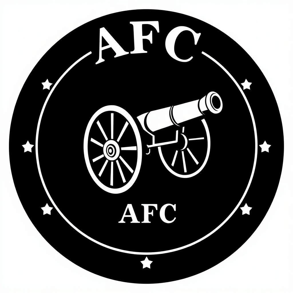 Sub-design Idea 2: A circular or oval badge, common in early football crests, showcasing a solitary, prominent cannon (stylistically similar to the 1888 cannon) with 'AFC' or 'The Arsenal' in a classic serif font. Minimal additional elements to maintain a stark, vintage feel.