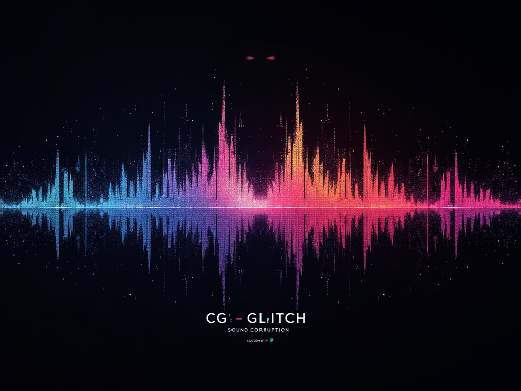 Sub-design Idea 5: Pixel Sorted Audio Spectrum - A visual representation of an audio spectrum or soundwave, processed with pixel sorting algorithms to create cascading, vibrant, and chaotic glitch effects. Could incorporate minimalist text like 'CG_GLITCH' or 'SOUND CORRUPTION'.