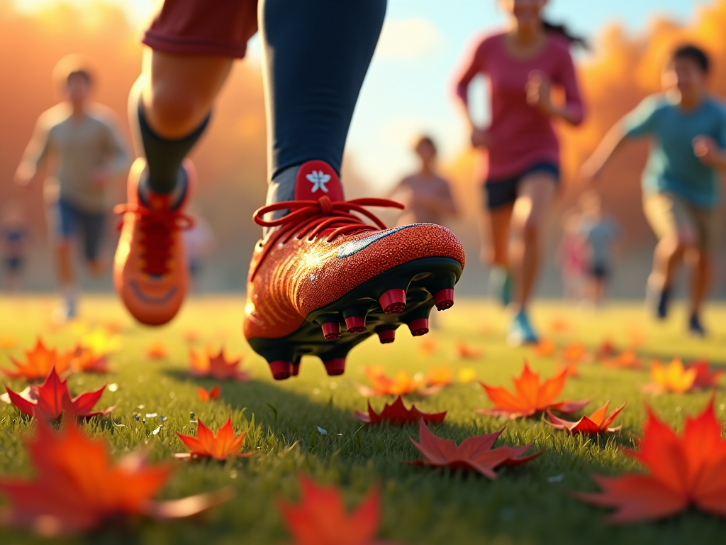 A close-up of football cleats trampling colorful fallen leaves on the field during a Thanksgiving family game.