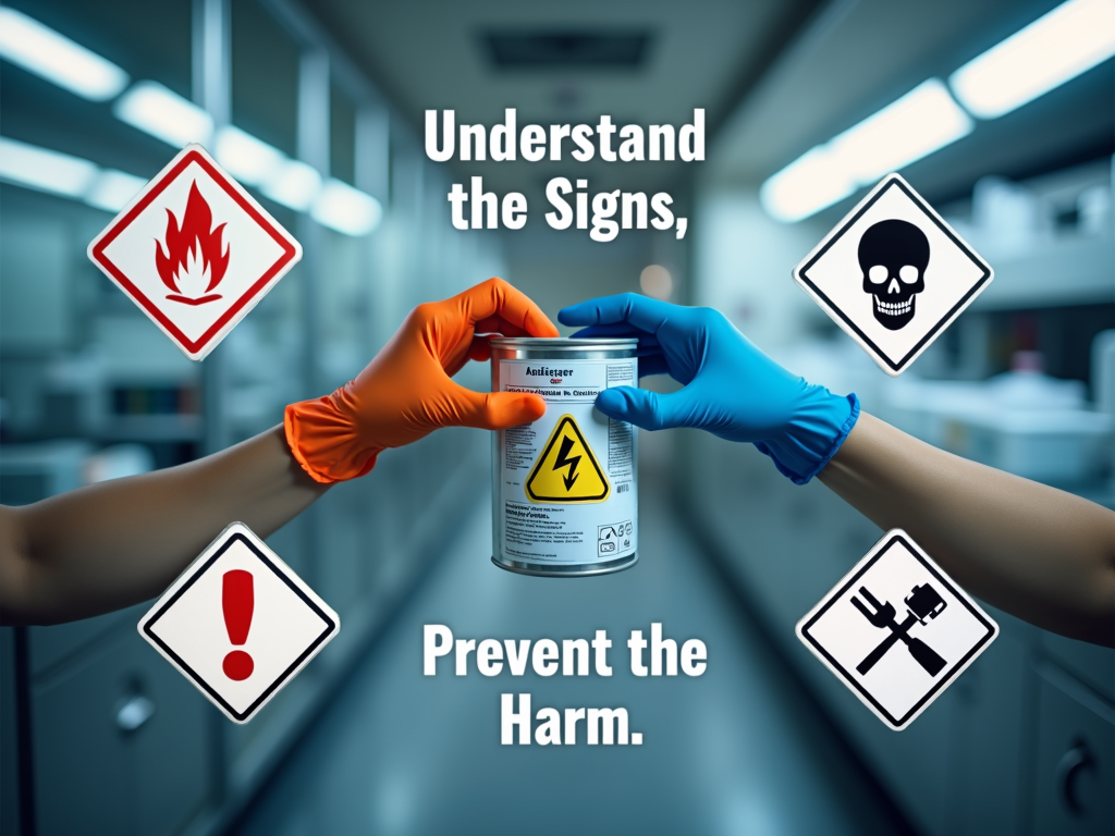 Chemical Safety Poster: Feature prominent GHS hazard pictograms (e.g., flame, skull and crossbones, corrosion) arranged around a central image of gloved hands safely handling a labelled chemical container. Use a clean, perhaps laboratory or industrial background. Slogan: 'Understand the Signs, Prevent the Harm'.