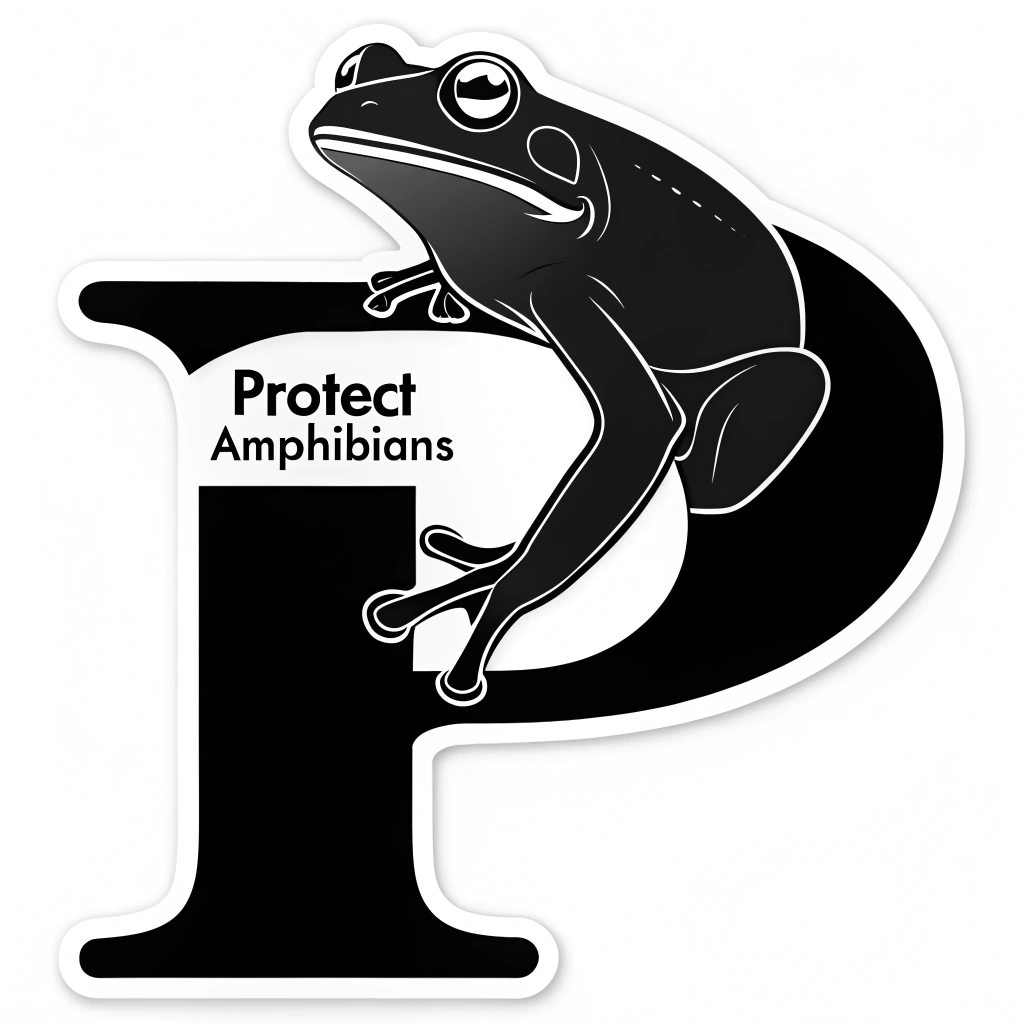 A contemplative frog silhouette perched atop the 'P' in 'Protect Amphibians', integrating the image and text.