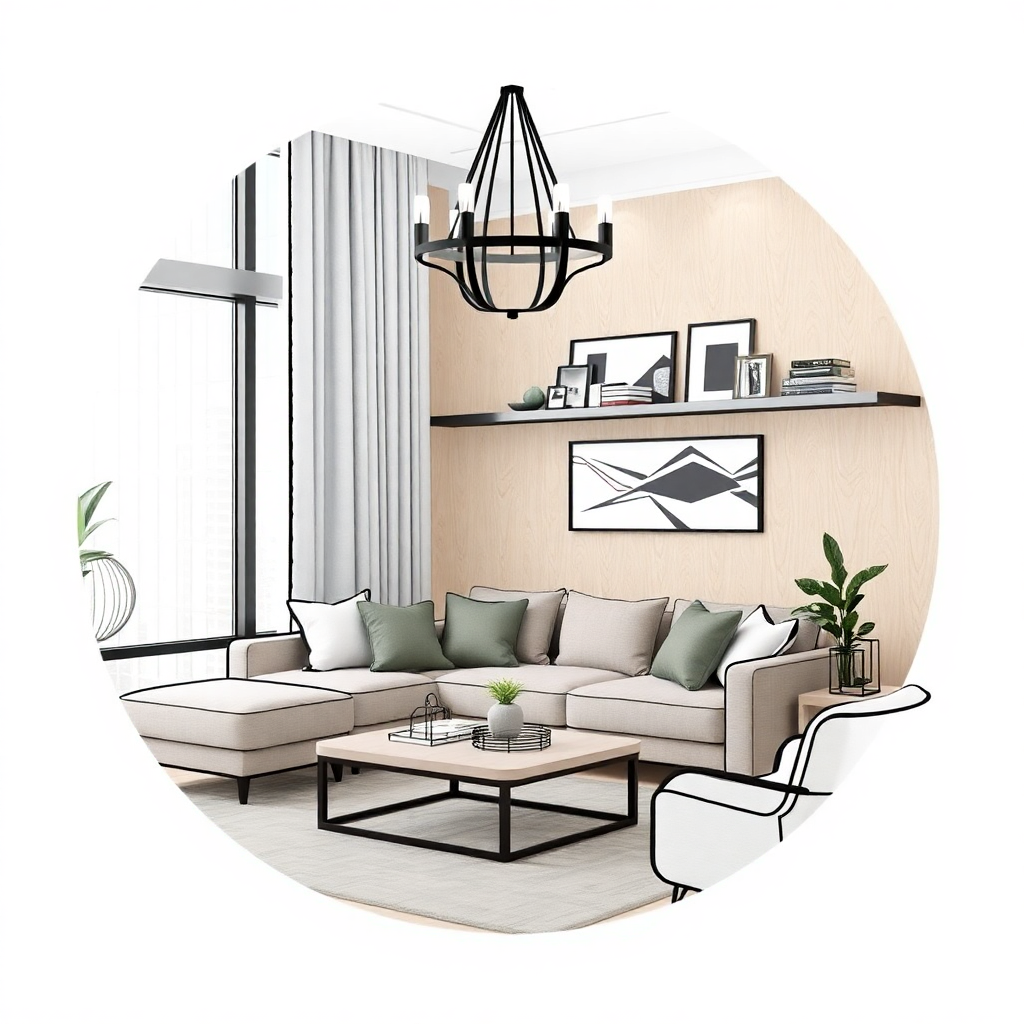 The image is a 3D rendering of a modern living room. The room has a large window with white curtains, allowing natural light to enter the space. The walls are painted in a light beige color, and there is a wooden shelf on the right side of the room with various decorative items. On the left side, there are two white armchairs and a coffee table with a plant on top. Above the coffee table, a black chandelier hangs from the ceiling. The overall style of the living room is minimal and contemporary.