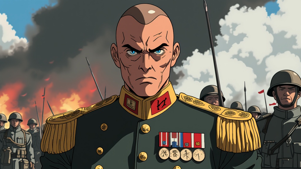 The image is an illustration of a man in a military uniform standing in front of a group of soldiers. The man is bald and has a serious expression on his face. He is wearing a green military uniform with gold epaulettes and medals on his chest. Behind him, there are several soldiers holding rifles and flags, and a large explosion can be seen in the background. The sky is blue and there are clouds in the distance. The overall mood of the image is tense and ominous.