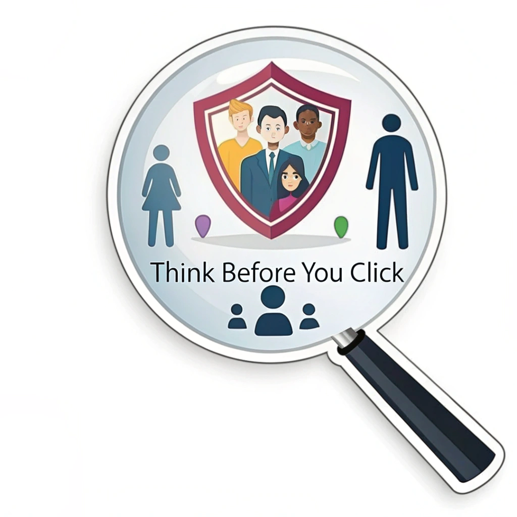Sub Design Idea 3: A design featuring a magnifying glass integrated with a shield, closely examining a generic 'suspicious link' (represented by blurred or jumbled characters). The slogan 'Think Before You Click' is incorporated into the handle of the magnifying glass or along the shield's edge.