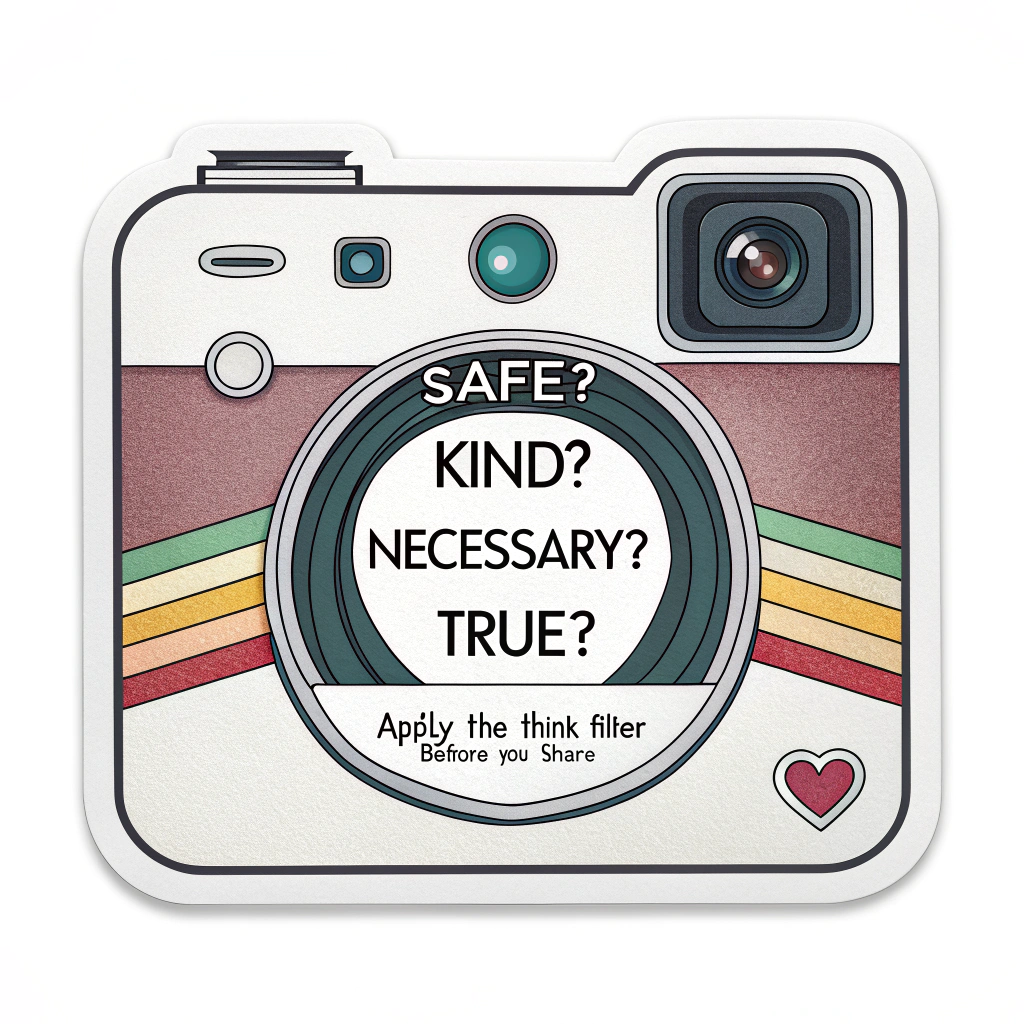 The 'Think Filter' Sticker: Design a sticker to resemble a camera lens or a social media filter interface. Inside the 'lens' or 'filter preview', display critical thinking checklist words like: 'Safe?', 'Kind?', 'Necessary?', 'True?'. The tagline could be 'Apply the THINK Filter Before You Share.'
