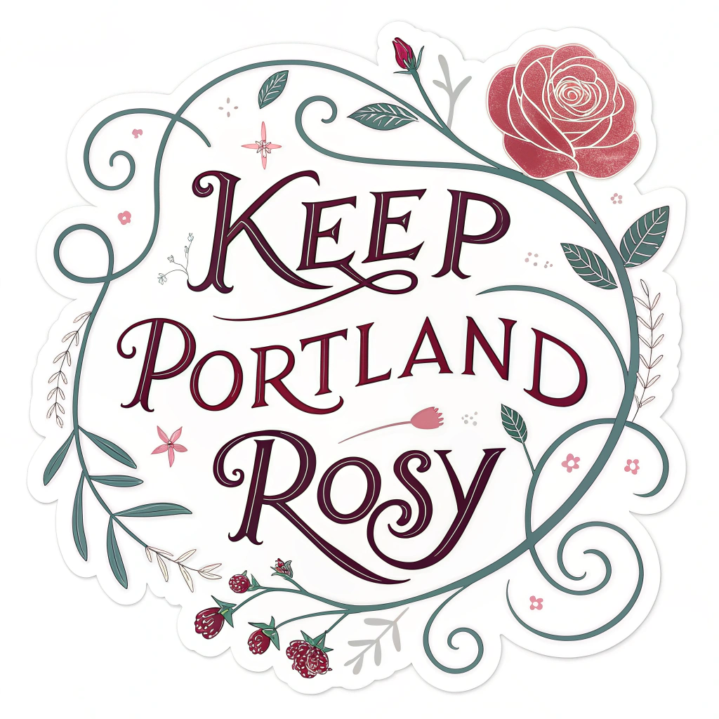 Hand-lettered calligraphy for 'Keep Portland Rosy', where the flourishes and swashes of the letters subtly mimic rose vines or petals. Perhaps a single, elegant rose illustration is incorporated.