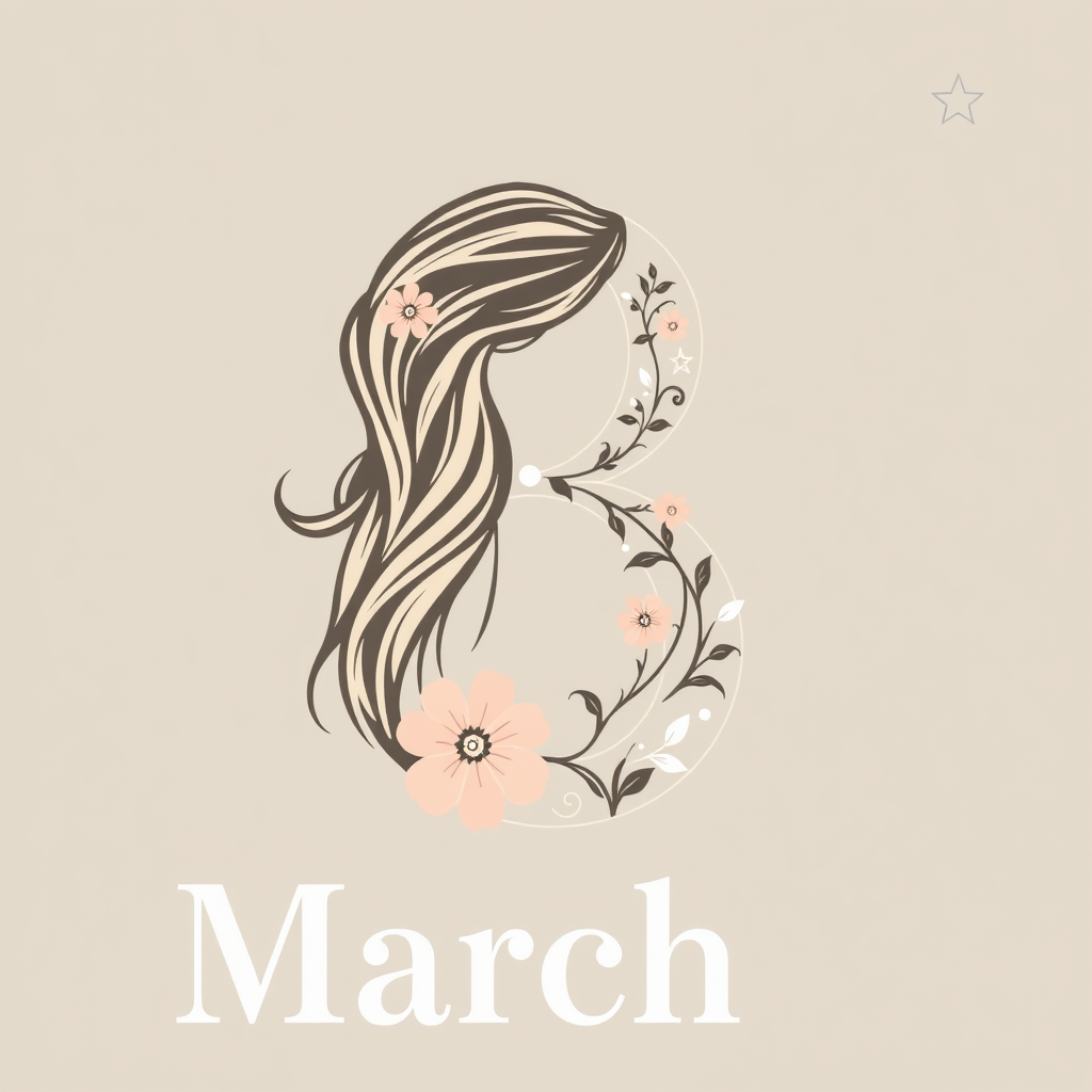 The number 8 (representing March 8th) creatively designed with feminine elements like flowing hair or floral patterns.