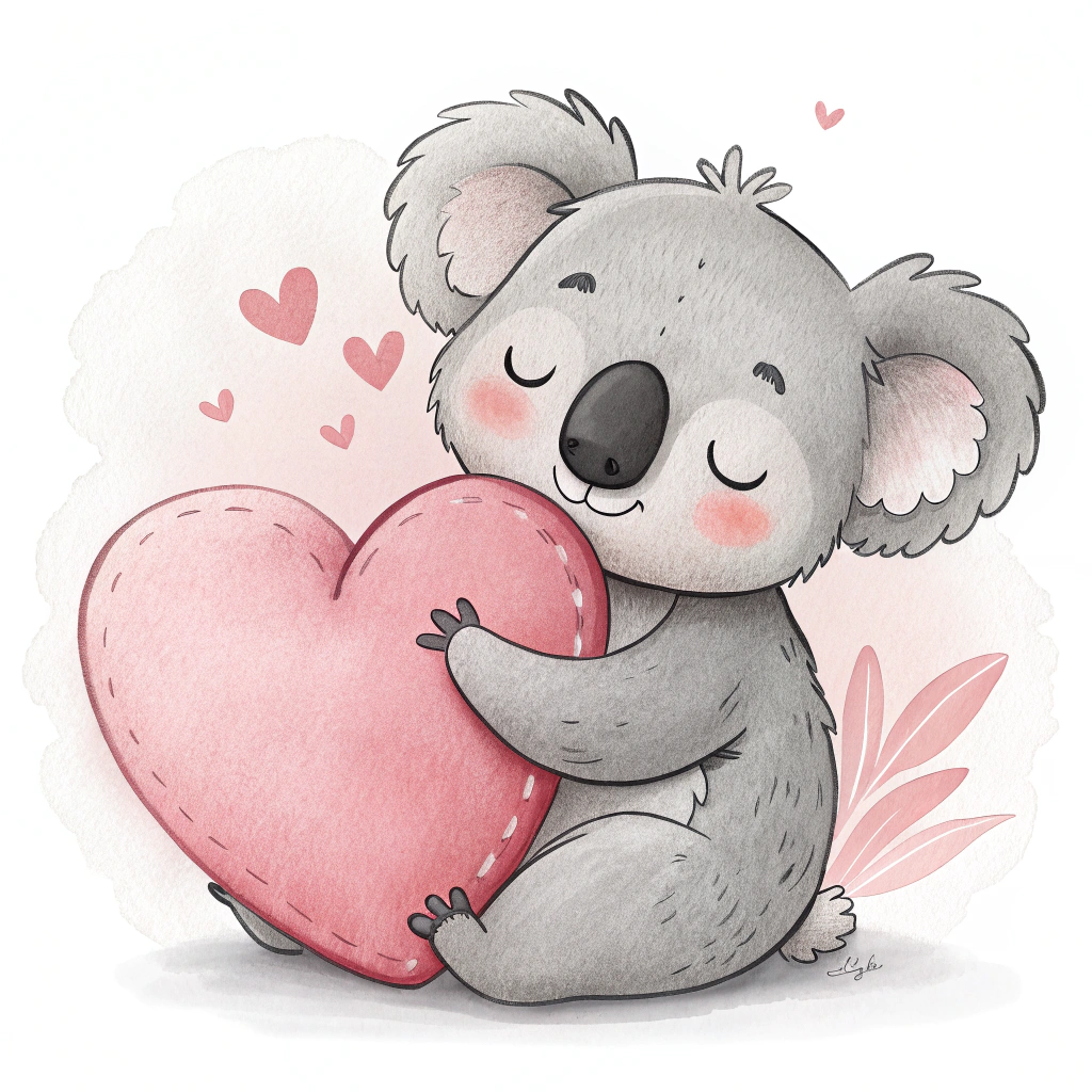 A sticker depicting a sleepy koala bear hugging a heart-shaped pillow, with a dreamy expression.