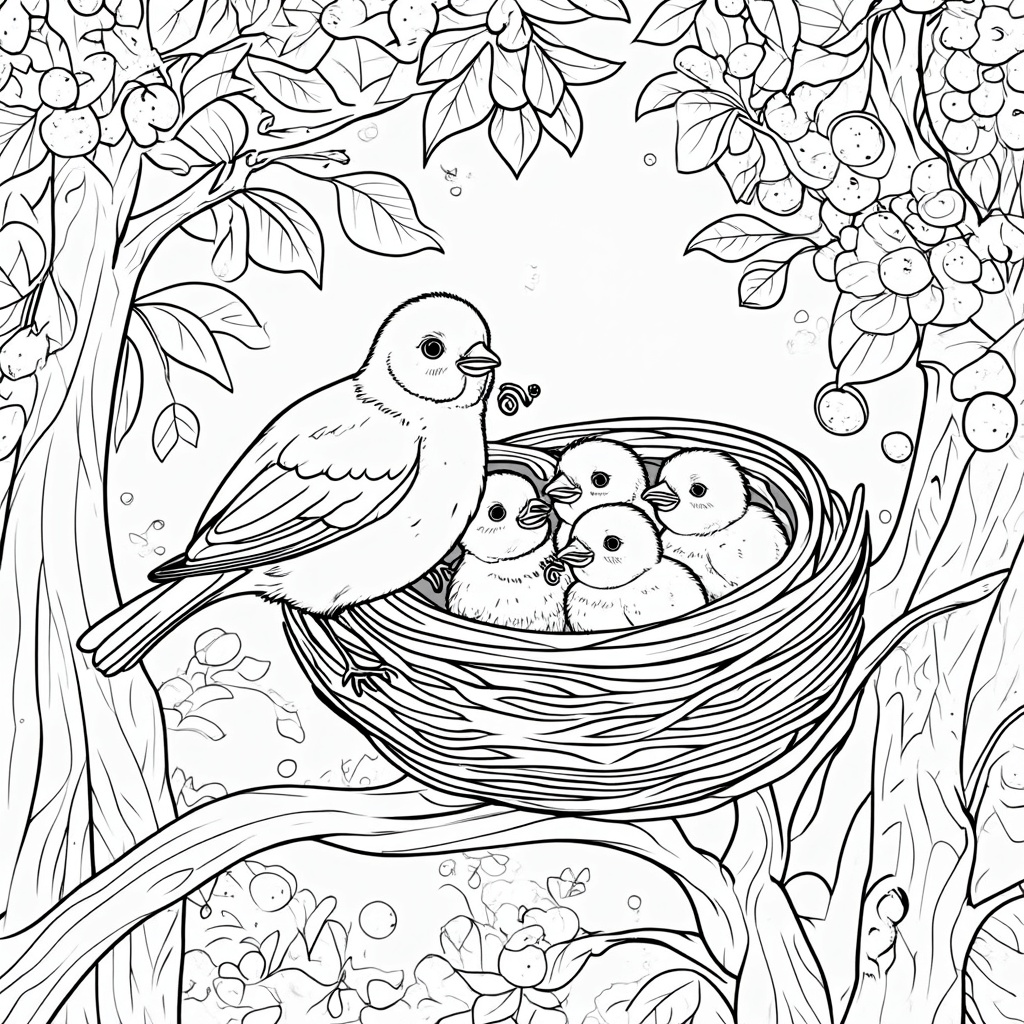 A mother bird (e.g., robin) feeding worms to her hungry chicks in a detailed nest, high up in a blooming fruit tree. Focus on the texture of the nest, feathers, and the surrounding leaves and blossoms.