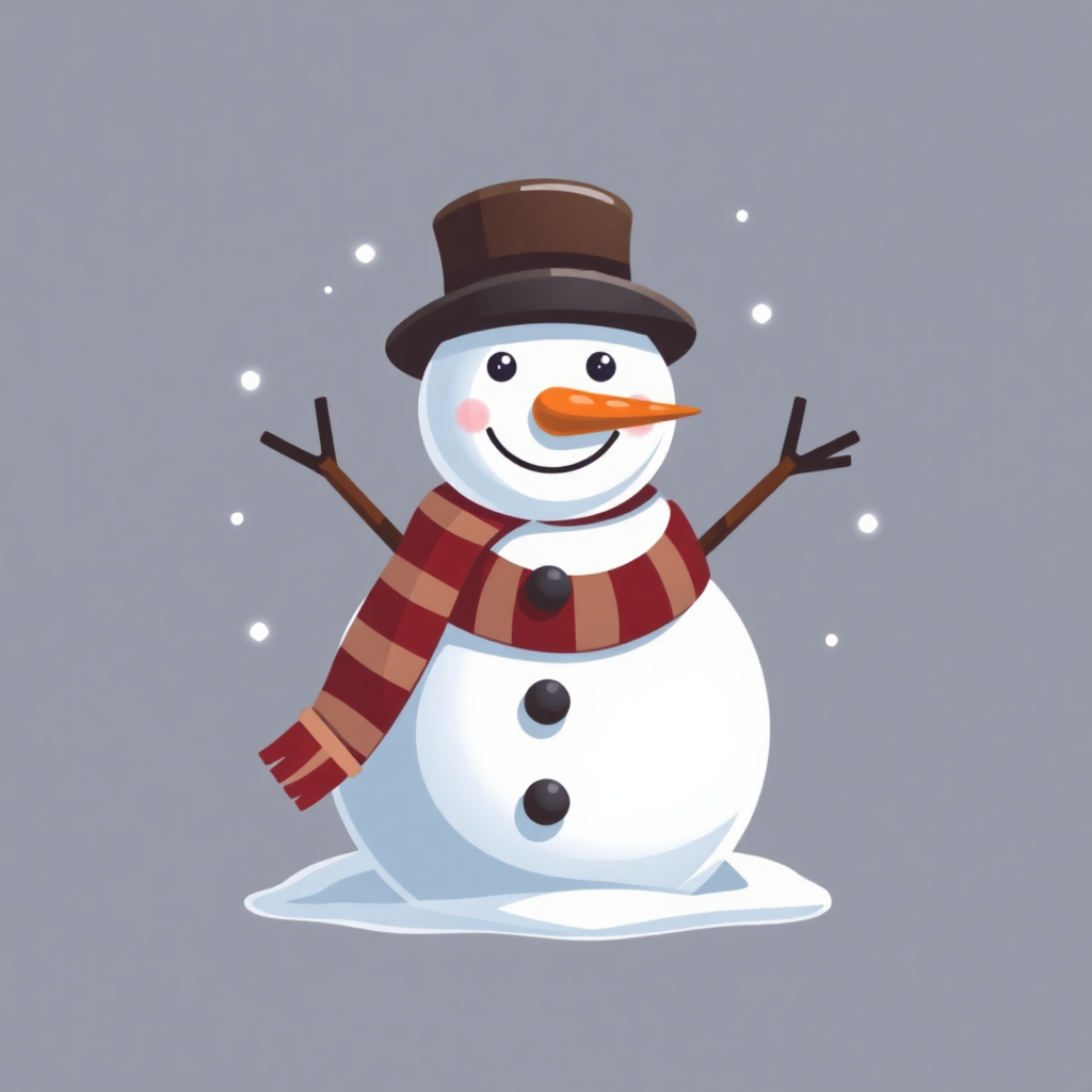 The image shows a snowman wearing a top hat and scarf, standing in the snow with a cheerful expression on its face.