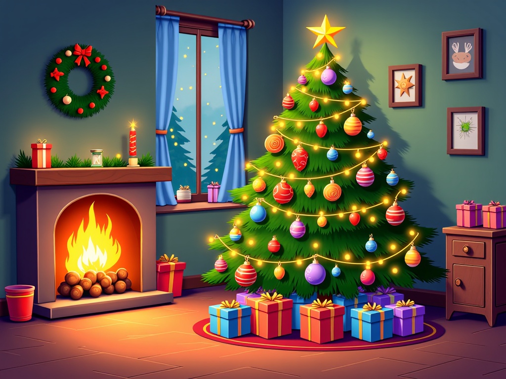 The image shows a living room with a Christmas tree decorated with colorful balls, stars, and other festive items, surrounded by gift boxes on the floor. On the right side of the image, there is a cupboard with drawers, and on the wall behind the tree, there are photo frames and a wreath. There is also a window with curtains, and a fireplace with candles and other objects on top.