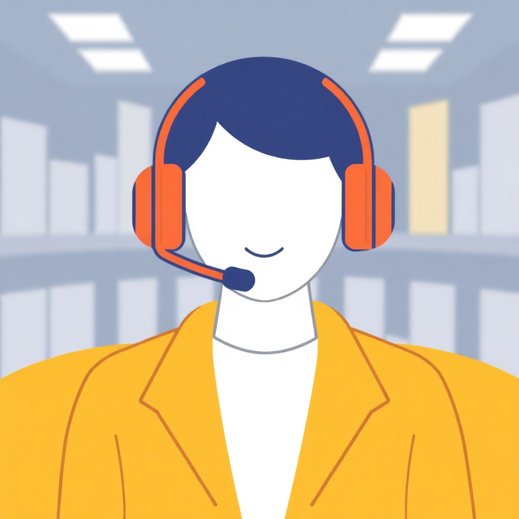 The image is an illustration of a person wearing a headset. The person is wearing a yellow blazer and has a microphone attached to it. The headset is orange and has two ear cushions on top. The background is a light blue color with a pattern of vertical lines. The image has a simple and cartoon-like style.