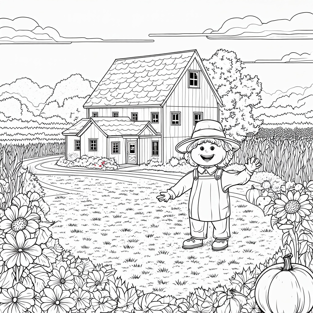 A coloring page featuring a quaint farmhouse surrounded by fields of wheat, rows of pumpkins, and sunflowers swaying as traditional Thanksgiving harvest symbols like a scarecrow wave in greeting.