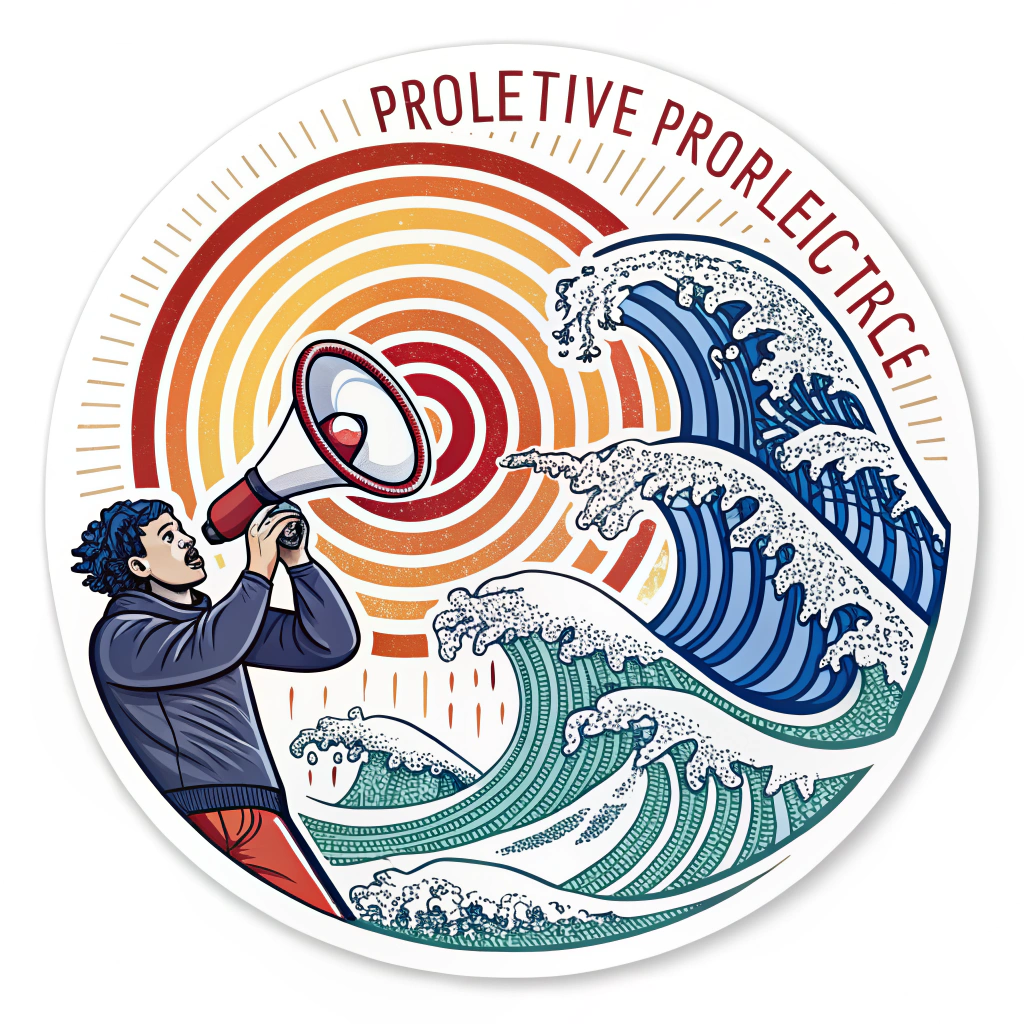 Resonance waves: An abstract design featuring expanding concentric circles or wave patterns, symbolizing the amplified voice of the people, the radiating impact of collective protest, and the spread of solidarity on May Day.