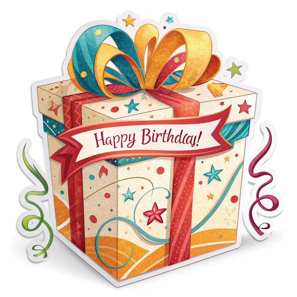 A sticker shaped like a gift box with a birthday message.