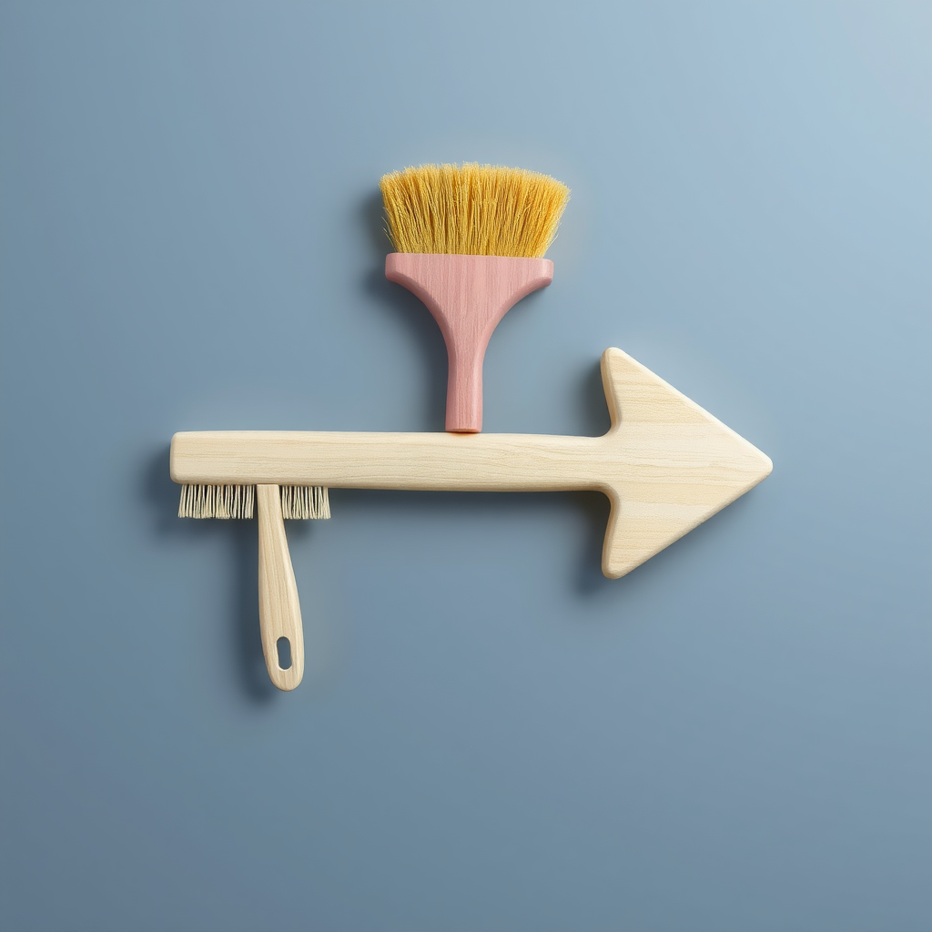 An arrow made of cleaning tools (brush, sponge, spray bottle) pointing towards a clean area.