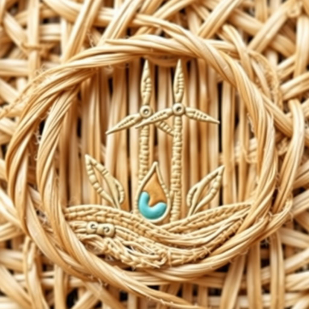 A renewable energy symbol (e.g., wind turbine, sun, water droplet) illustrated as if woven from natural fibers like jute or grass, emphasizing organic materials and a handcrafted aesthetic in climate action themes.