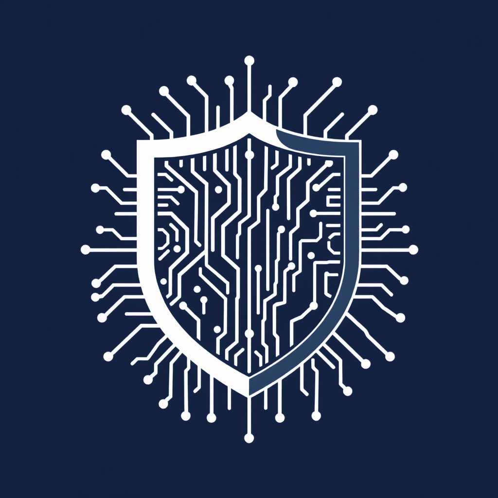 A stylized shield icon with intricate circuit board traces or binary code (0s and 1s) patterns forming its surface or outline, symbolizing digital defense and resilience against tech threats.