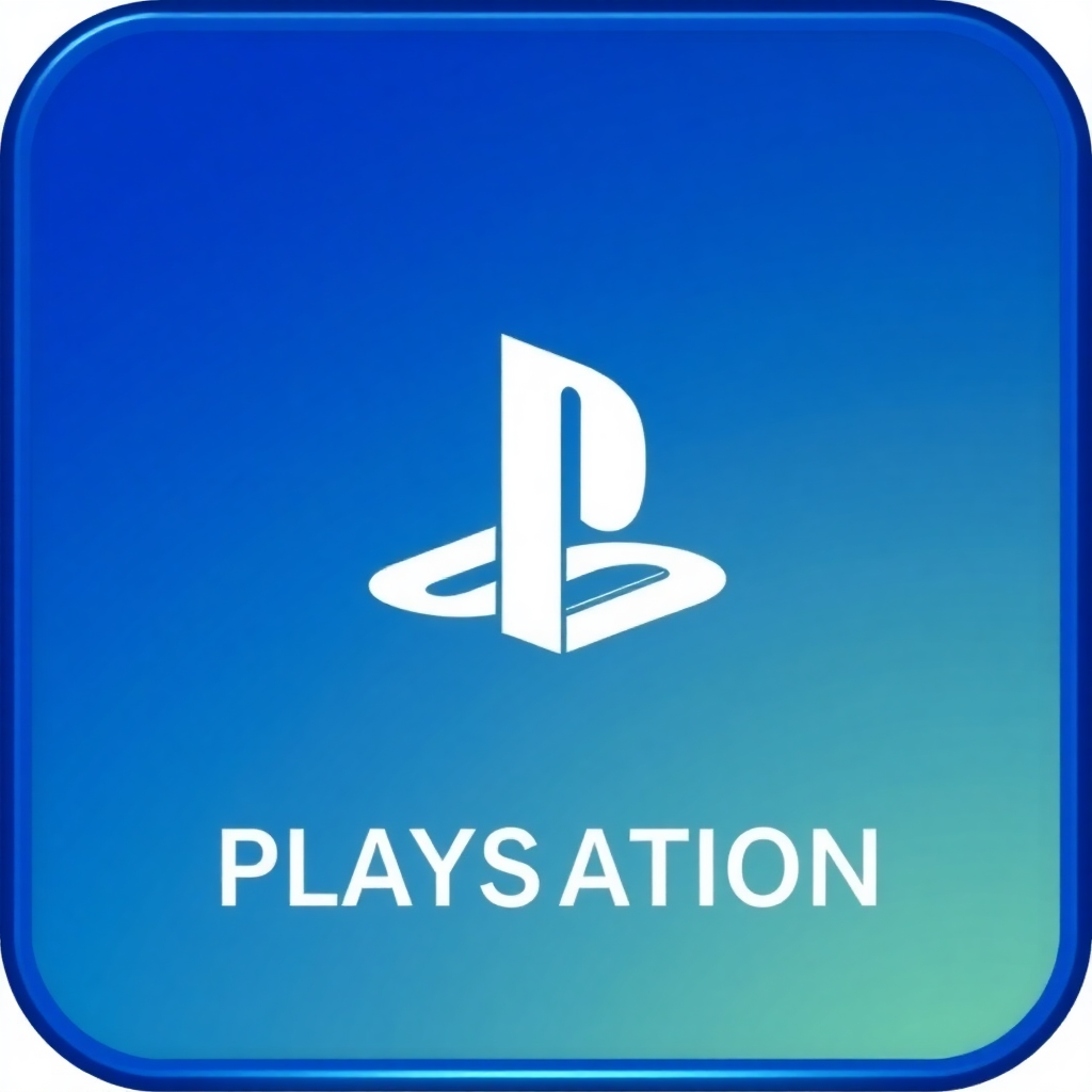 The image is a square-shaped icon with a blue background and a gradient effect. In the center of the icon, there is a white PlayStation logo, which is a stylized letter P in the shape of a triangle. Below the logo, the word PLAYSATION is written in white capital letters. The icon appears to be a logo for a video game or video game console.