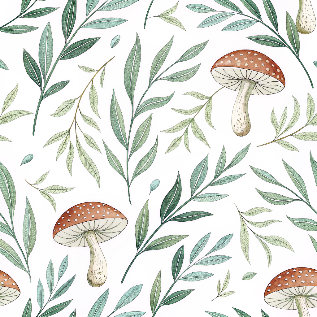 A subtle pattern where graceful willow leaves weave together with long-stemmed mushrooms, exuding a calm energy.