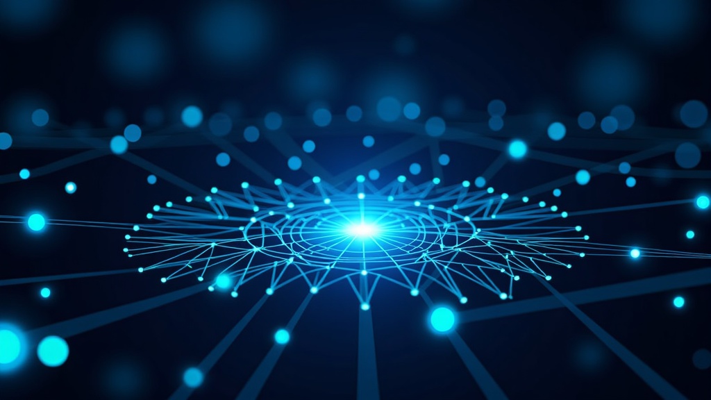 Abstract Representation of AI Precision: A more stylized or conceptual illustration where the AI overlay is the dominant visual. Focus on intricate networks of light, geometric precision lines, and data flows converging on a symbolic representation of the surgical area, emphasizing the intelligence and accuracy.