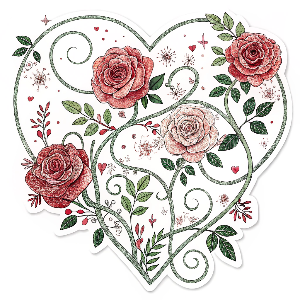 A heart-shaped sticker made of intertwining roses and vines, with small glittering accents.