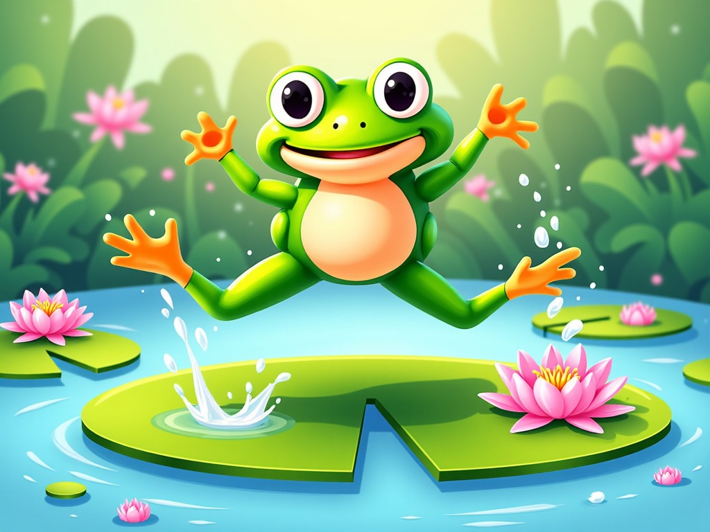 The image is a digital illustration of a green frog jumping over a lily pad in a pond. The frog is in mid-air, with its arms stretched out to the sides and its legs spread wide. It has big, round eyes and a big smile on its face. The background is filled with pink water lilies and green leaves, creating a peaceful and serene atmosphere. The water is a light blue color and there is a splash of water on the lily pads. The overall mood of the image is cheerful and playful.