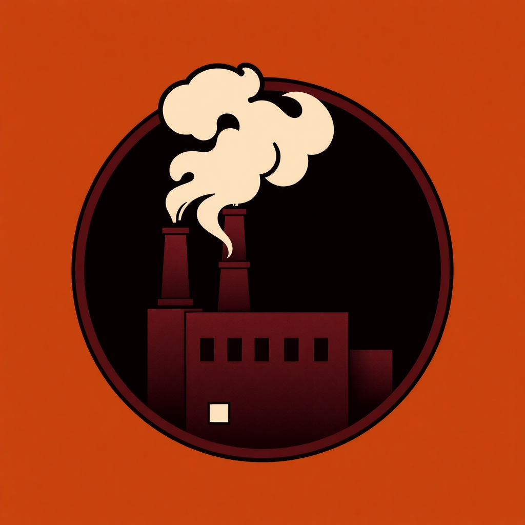 The image is a circular illustration of a factory. The background is a solid orange color. In the center of the circle, there is a black silhouette of a building with two tall chimneys. The chimneys are emitting white smoke or steam. The building appears to be made of brick or concrete and has multiple windows. The overall style of the illustration is flat and minimalistic.