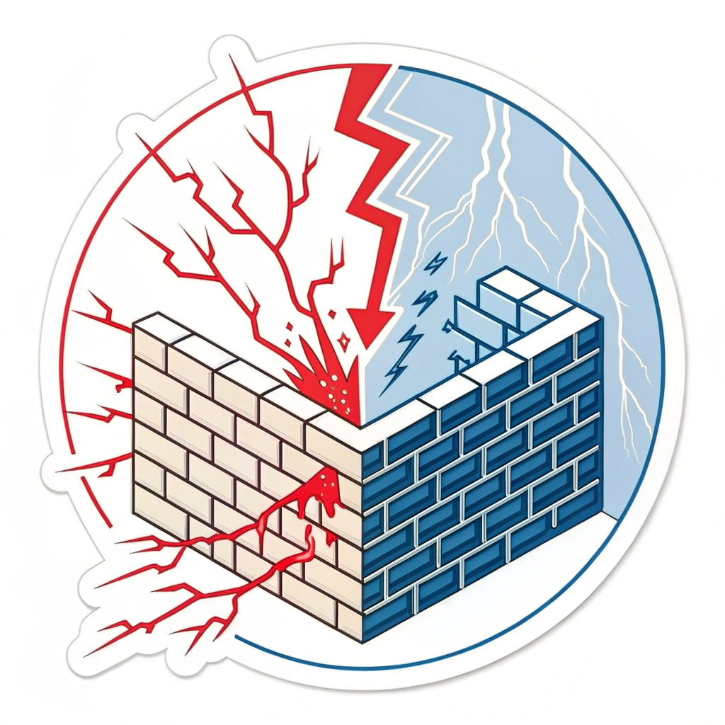 Design Idea 4: A cross-section view: one side shows chaotic, harmful data streams (e.g., red, jagged lines) attempting to penetrate, while the other side, behind the solid brick wall, is calm, orderly, and shaded in cool blues, visually depicting the firewall's effectiveness.