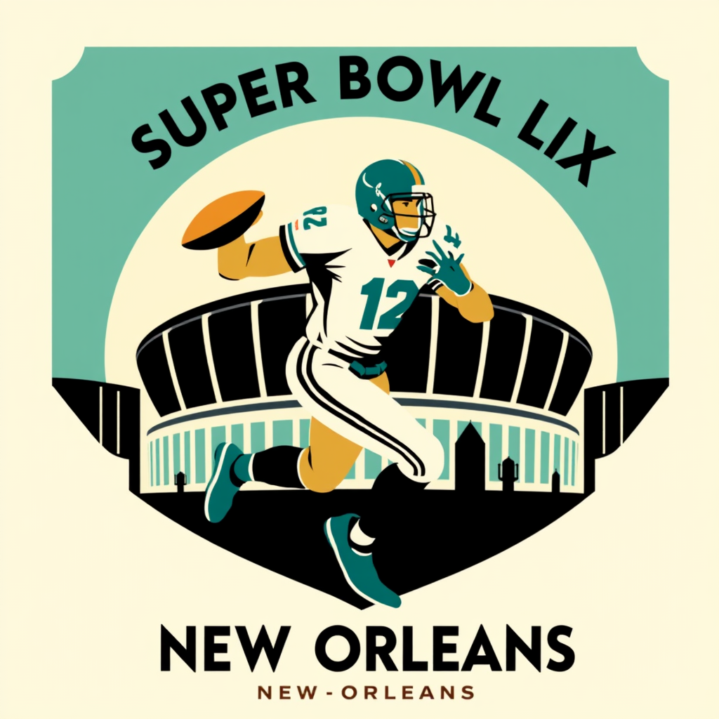 Art Deco NOLA Touchdown: A highly stylized, geometric Art Deco representation of a football player in a dynamic pose, set against a simplified Superdome silhouette and New Orleans skyline elements. 'SUPER BOWL LIX' and 'NEW ORLEANS' are in a classic Art Deco typeface. Color palette is bold and limited, such as teal, gold, and black, characteristic of the era.