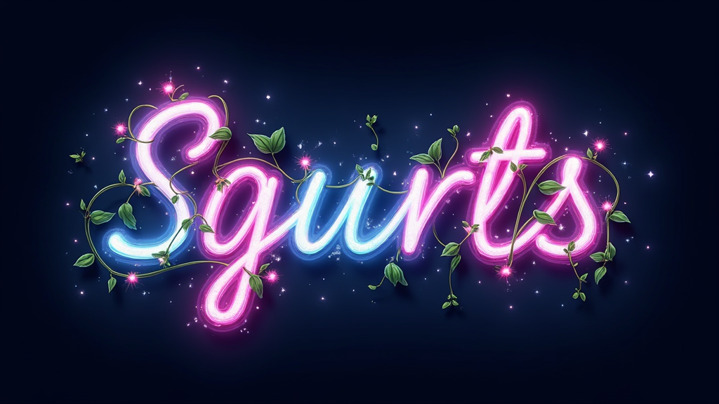 Neon Vine Typography: Letters formed from script-like glowing neon tubes that intertwine like vines, with small electric flowers or sparks blooming at intersections or ends of strokes. Suggested colors: electric blues, pinks, greens on a dark background.