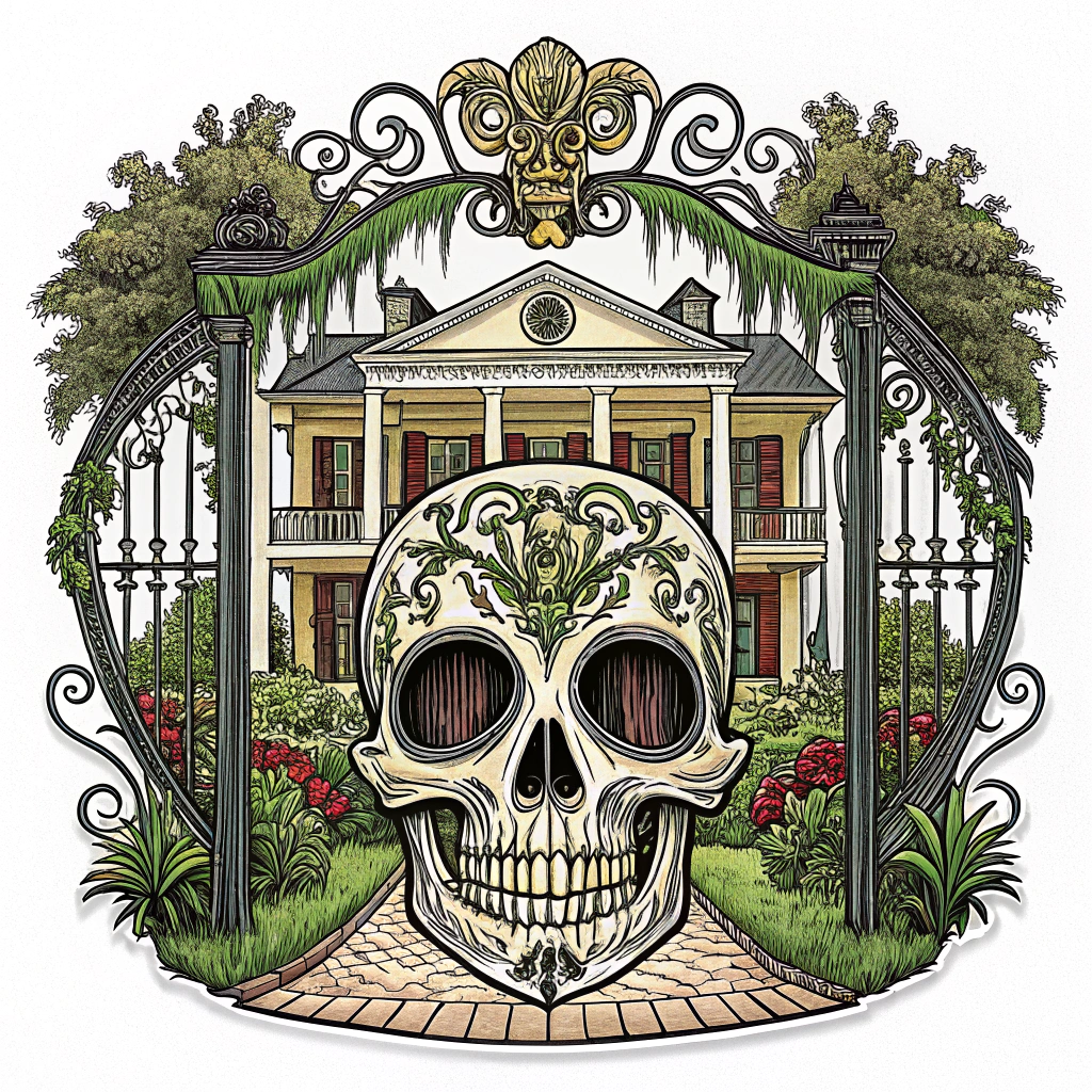 An intricate skull design incorporating Southern architectural elements like wrought iron gates or plantation house columns, adorned with Spanish moss.