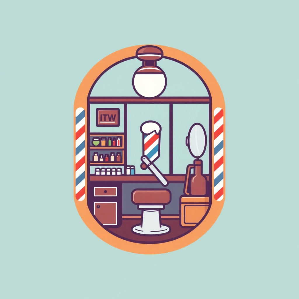 The image is an illustration of a barber shop. It is an oval-shaped icon with a light blue background. Inside the center of the icon, there is a barbershop counter with various barber tools and equipment. On the left side of the counter, there are shelves with bottles of hair products and a sign that reads ITW. On the right side, there has a stool and a mirror. Above the stool, there appears to be a lamp with a round shade. The overall color scheme of the image is orange, blue, and white.