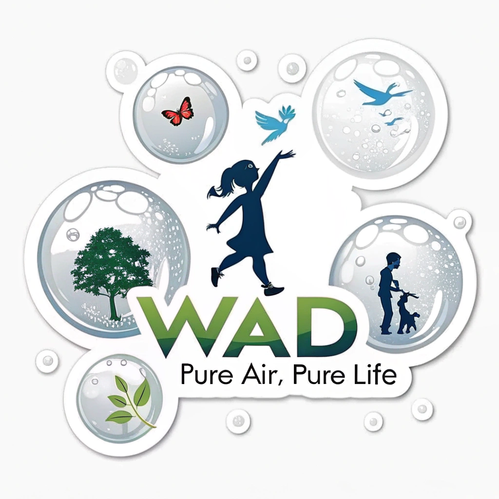 Sub-design idea 4 for WAD sticker: A visually engaging collection of clear, glistening air bubbles. Some bubbles could contain small, positive symbols like a leaf, a bird in flight, or a person breathing freely, with the tagline 'WAD - Pure Air, Pure Life'.