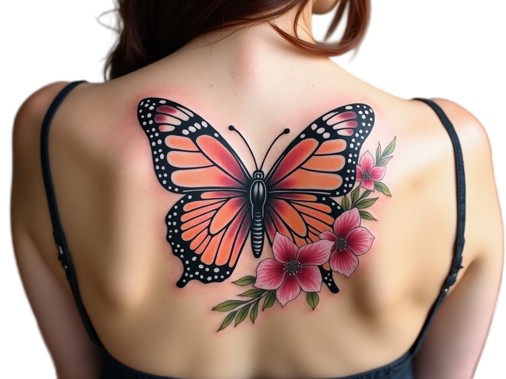 Unique butterfly tattoo with its wings transitioning into flowers, capturing an essence of harmony and beauty, placed on the back.