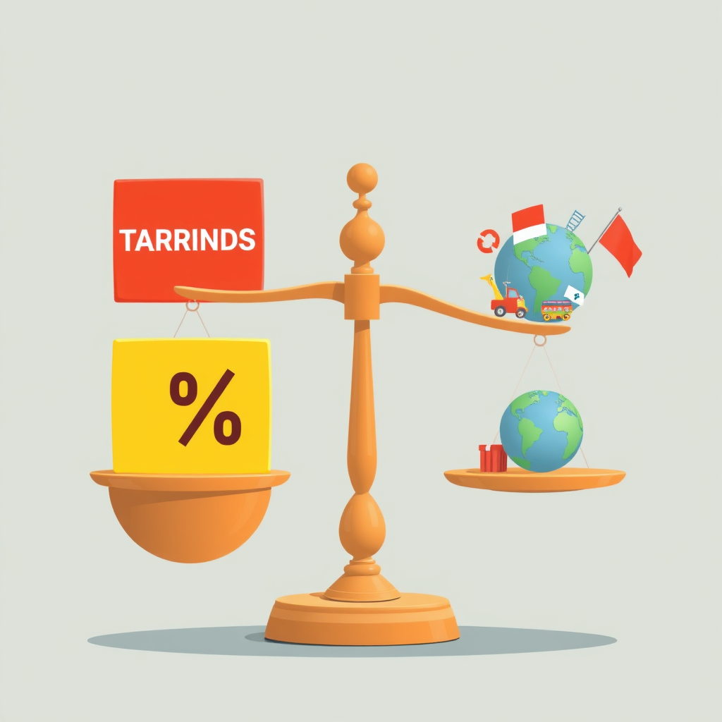 Sub-design 4: An unbalanced scale. One side is heavily weighed down by a block labeled 'TARIFFS' or a prominent '%' symbol, causing the other side, which holds icons of goods or a miniature globe, to be lifted high, visualizing trade disruption.