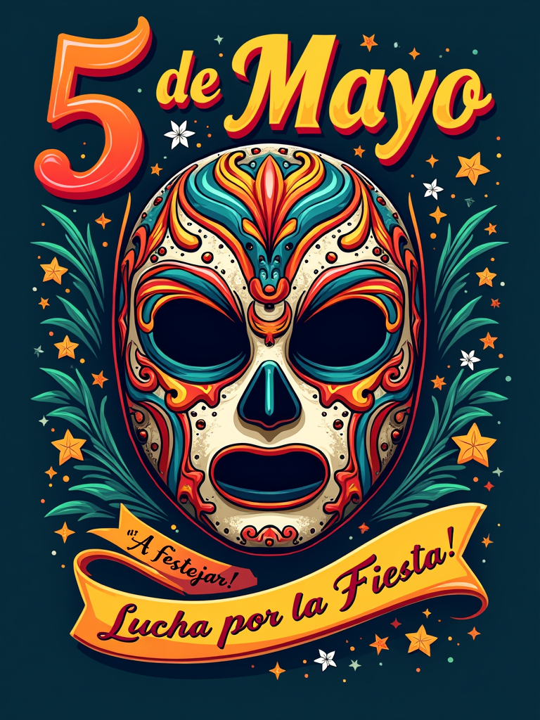 Lucha Libre inspired T-shirt: A dynamic design featuring a colorful Lucha Libre mask with bold, contrasting patterns. Incorporate '5 de Mayo' text and a banner with a celebratory phrase like '¡A Festejar!' or 'Lucha por la Fiesta'.