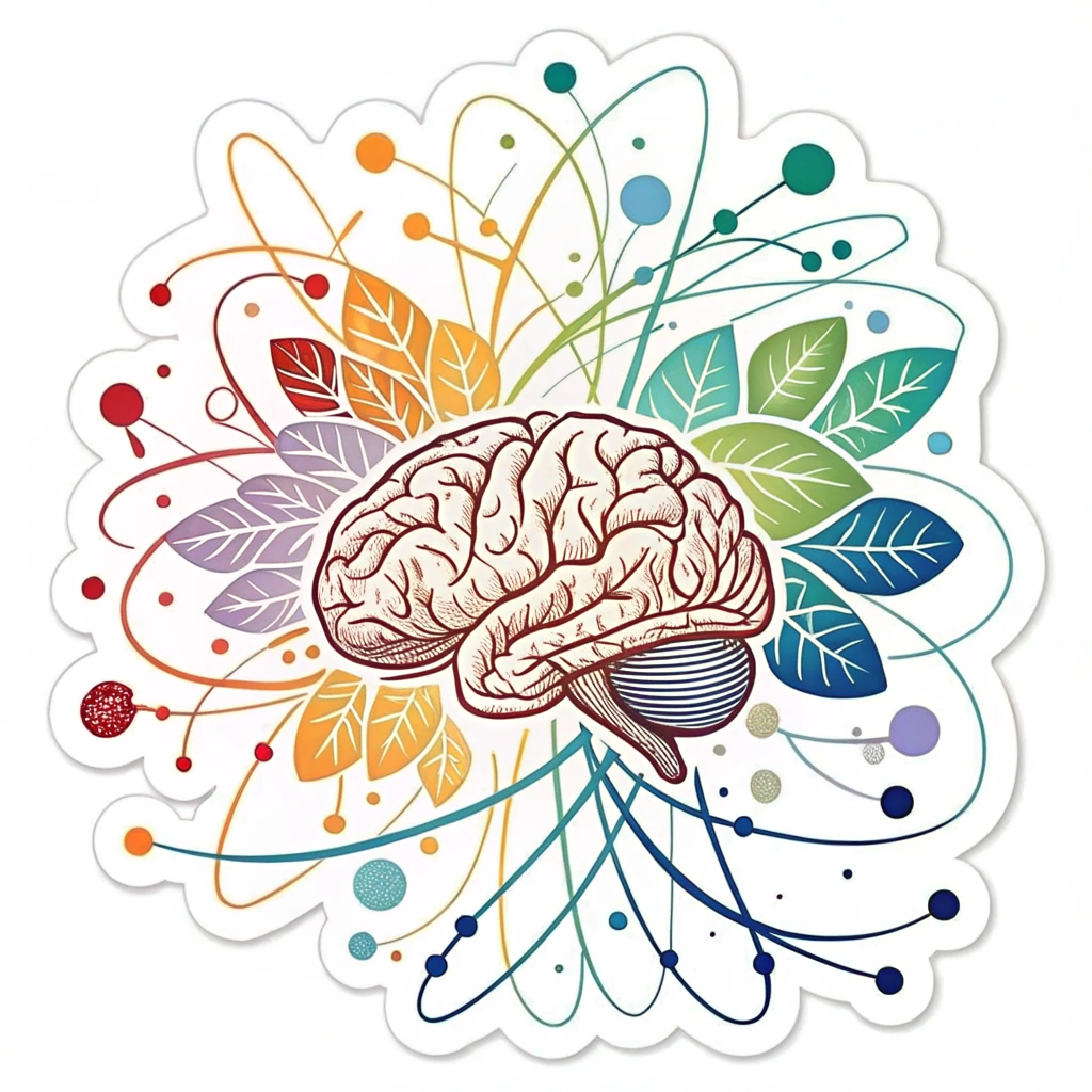 Abstract Connection Burst: A more abstract design focusing on a central point (the 'brain' or 'AI core') from which an explosion of colorful, interconnected lines, dots, and organic shapes erupts, suggesting the complexity and artistic potential of a neural network 'blooming' with ideas.