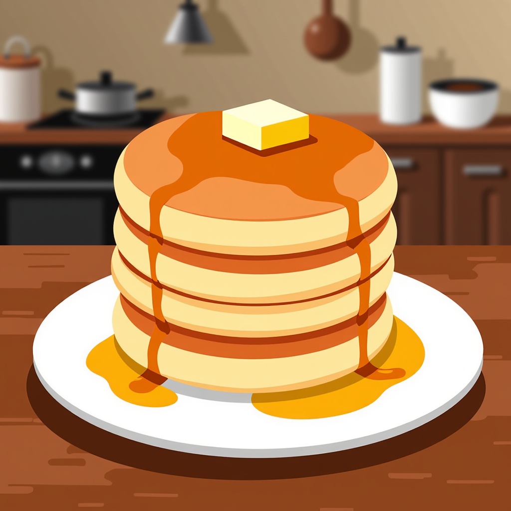  a stack of pancakes on a white plate. The pancakes are golden brown and appear to be freshly made. On top of the stack, there is a small block of butter. The plate is drizzled with syrup, which is dripping down the sides of the pancakes. In the background, there are kitchen utensils and a stove. The overall color scheme of the image is warm and inviting.