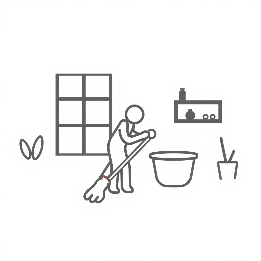 The image is a line drawing of a person cleaning the floor with a broom. The person is standing in front of a window with a bucket and a mop in their hands. On the right side of the image, there is a shelf with various cleaning supplies such as a bottle of soap, a brush, and a pair of scissors. The image is in black and white and appears to be a simple line drawing.