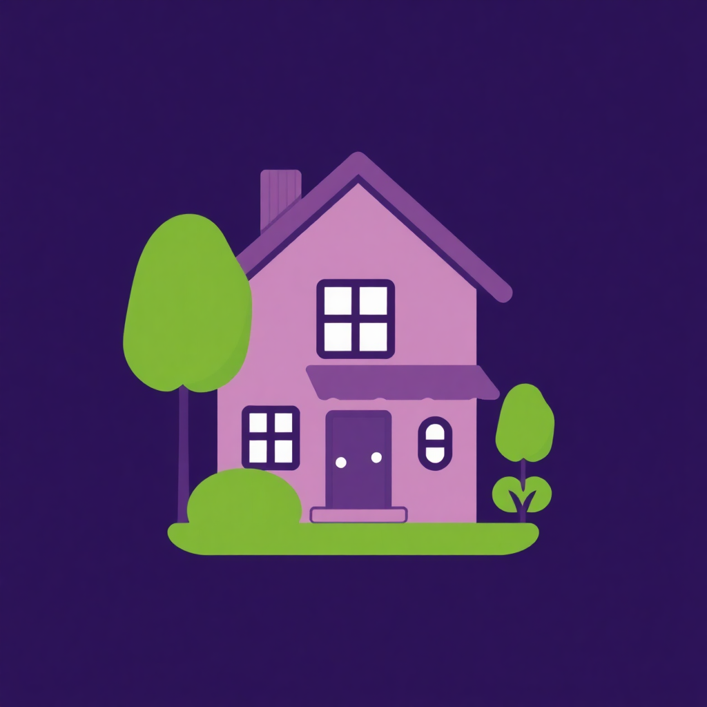 The image is an illustration of a small house with a purple background. The house is a two-story building with a sloping roof and a chimney on the left side. It has a small front porch with a door and two windows on the front. There are two trees on either side of the house, one on the right side and one in the center. The trees are green and have small leaves. The ground is covered in grass. The overall style of the illustration is flat and minimalistic.